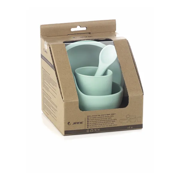 Vajilla de silicona Jané Es un juego de vajilla que incluye 1 bol, 1 plato llano, 1 cuchara y 1 vaso, hechos de silicona y diseñados con ventosas para garantizar su seguridad y comodidad.