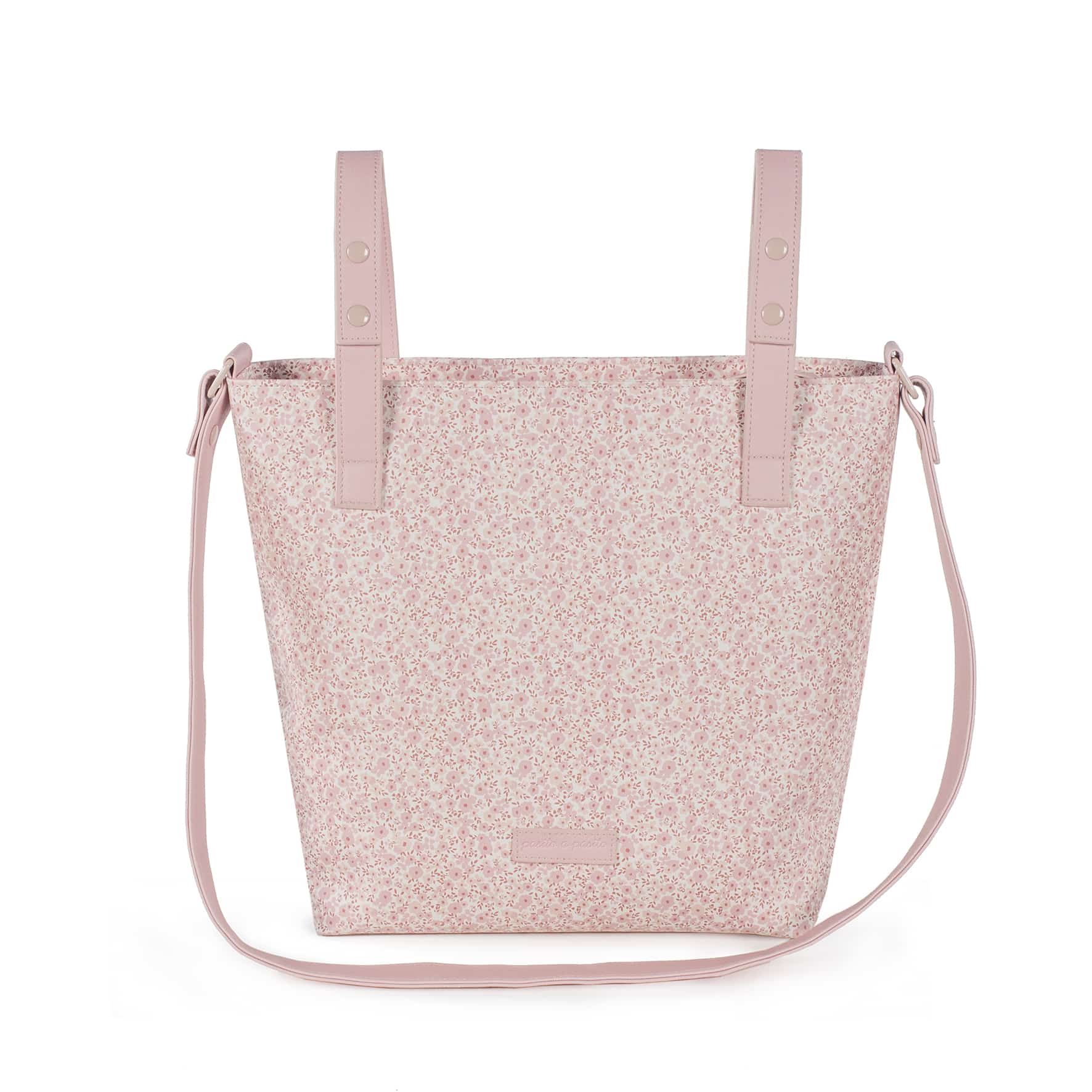 Bolsa Panera Flower Mellow Pasito a Pasito Bolsa panera o bolso para silla de paseo Flower Mellow en polipiel impresa con flores rosa y gris